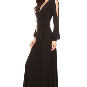 Sexy black maxi dress with tie belt